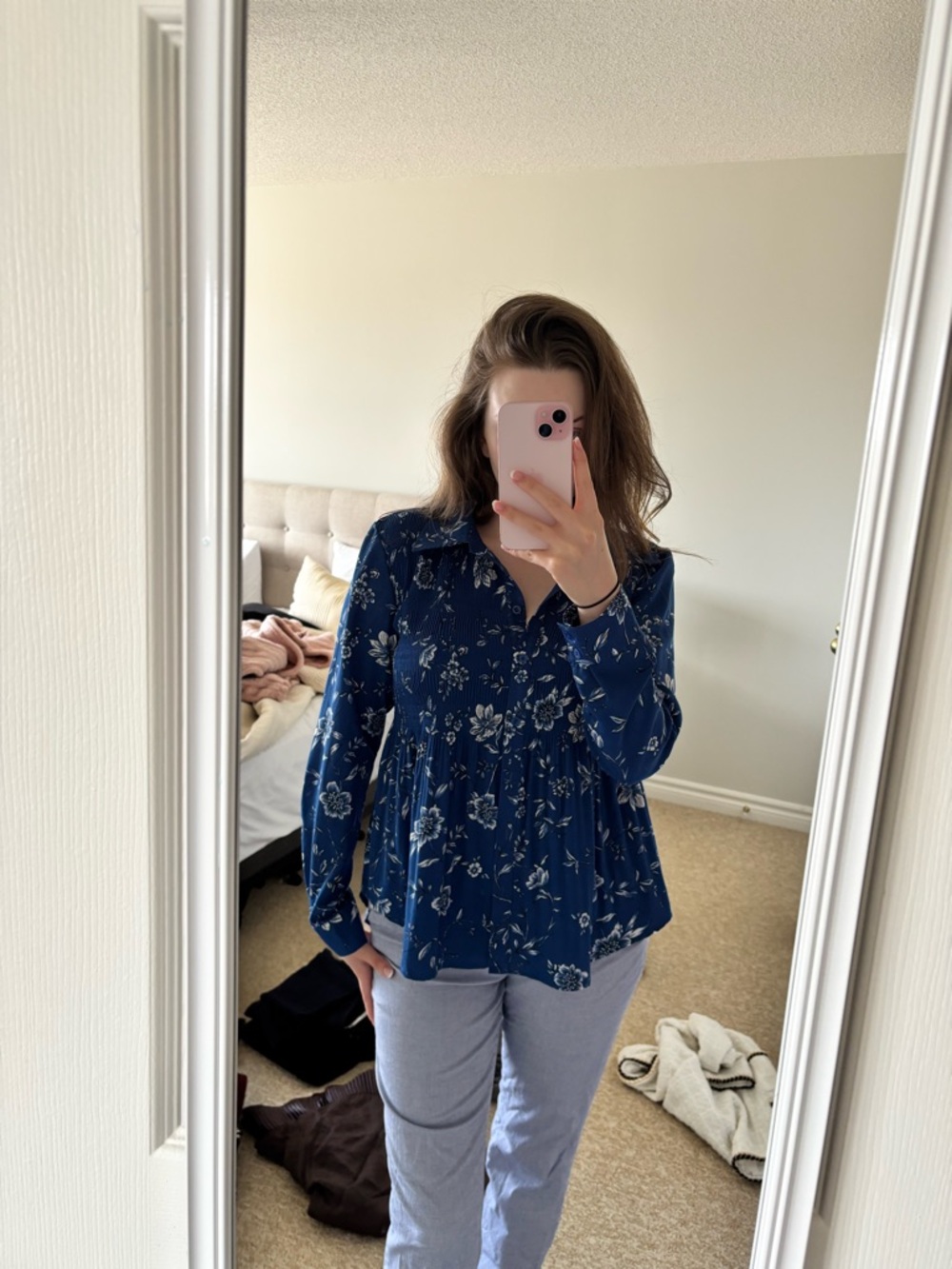 Women’s Navy Floral Button-Front Peplum Blouse